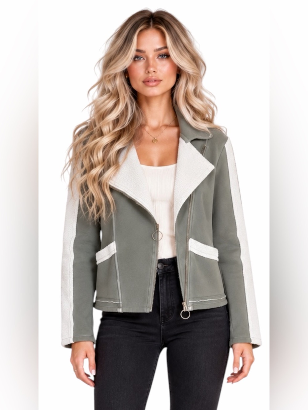 NWT – XCVI – Hanford Sherpa Moto Jacket – Olive Green Cream – Sz. S
